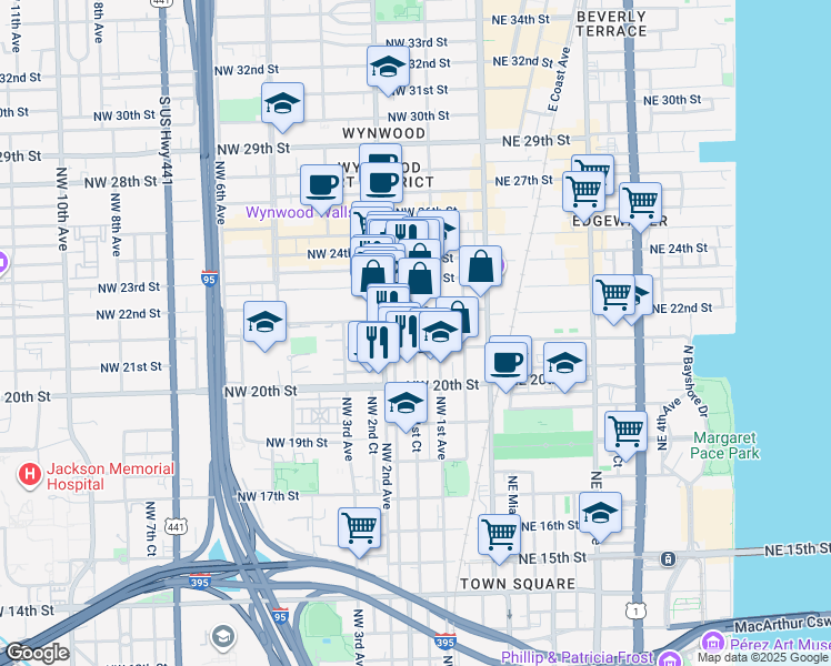 map of restaurants, bars, coffee shops, grocery stores, and more near 2105 Northwest 1st Court in Miami