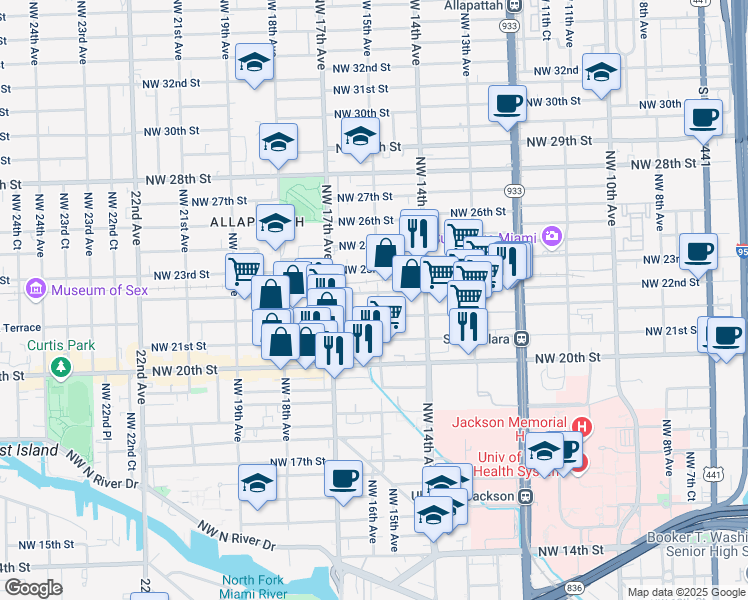 map of restaurants, bars, coffee shops, grocery stores, and more near 1500 Northwest 22nd Street in Miami