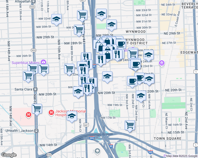 map of restaurants, bars, coffee shops, grocery stores, and more near 2151 Northwest 6th Avenue in Miami