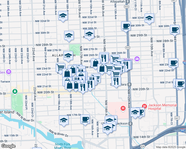 map of restaurants, bars, coffee shops, grocery stores, and more near 1500 Northwest 22nd Street in Miami