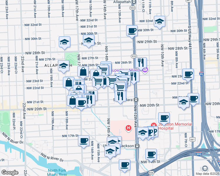 map of restaurants, bars, coffee shops, grocery stores, and more near 1335 Northwest 21st Terrace in Miami