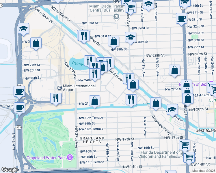 map of restaurants, bars, coffee shops, grocery stores, and more near 3355 Northwest 22nd Street Road in Miami