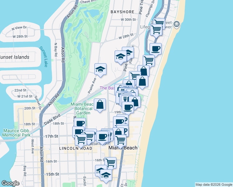 map of restaurants, bars, coffee shops, grocery stores, and more near 430 21st Street in Miami Beach