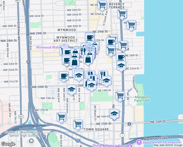 map of restaurants, bars, coffee shops, grocery stores, and more near 2105 North Miami Avenue in Miami