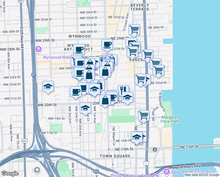 map of restaurants, bars, coffee shops, grocery stores, and more near 2105 North Miami Avenue in Miami