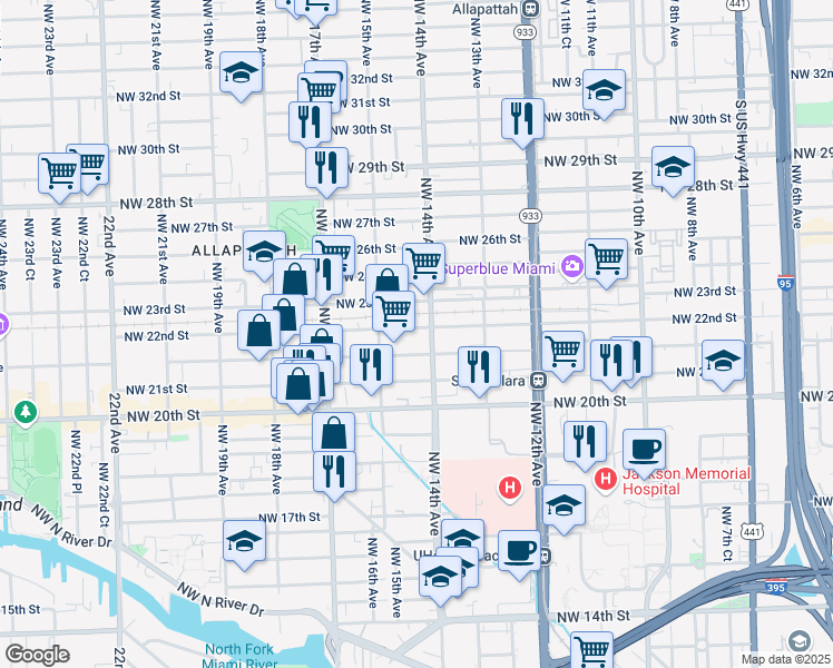 map of restaurants, bars, coffee shops, grocery stores, and more near 1415 Northwest 21st Terrace in Miami