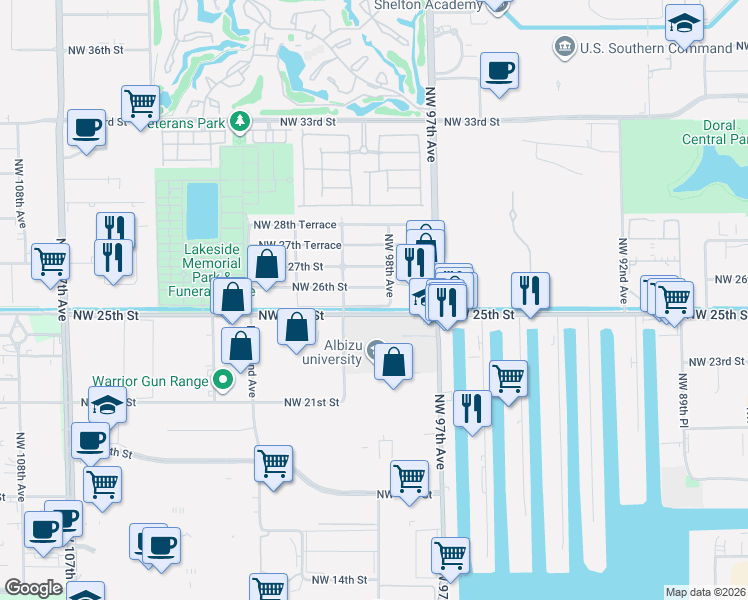 map of restaurants, bars, coffee shops, grocery stores, and more near in Doral