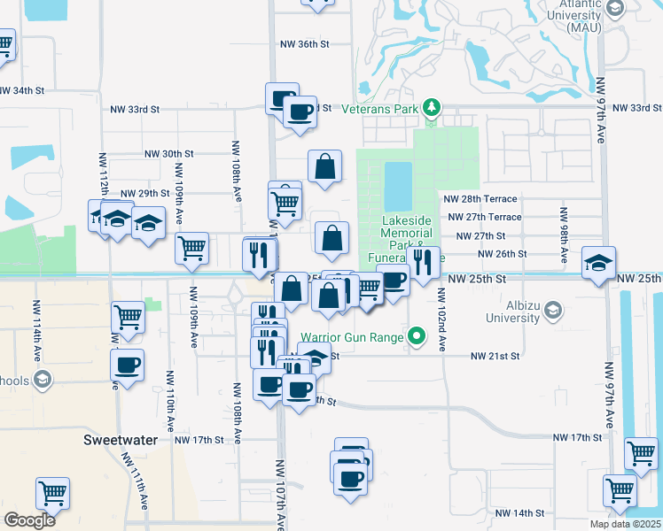 map of restaurants, bars, coffee shops, grocery stores, and more near 10490 Northwest 26th Street in Doral
