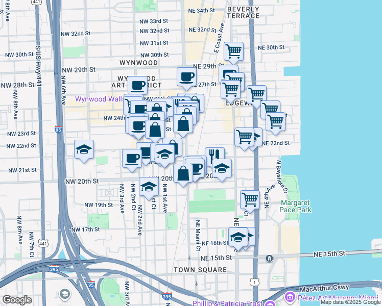 map of restaurants, bars, coffee shops, grocery stores, and more near 2150 North Miami Avenue in Miami