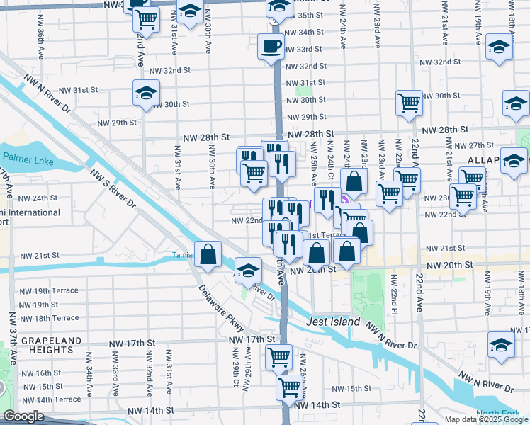 map of restaurants, bars, coffee shops, grocery stores, and more near 2762 Northwest 22nd Street in Miami