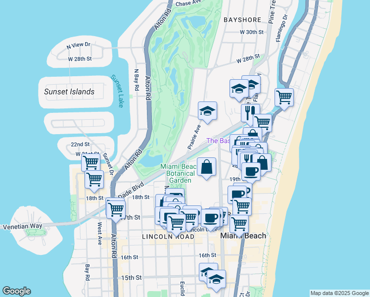map of restaurants, bars, coffee shops, grocery stores, and more near 2038 Prairie Avenue in Miami Beach