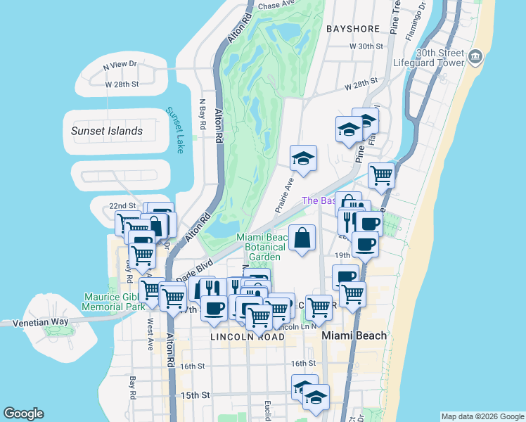 map of restaurants, bars, coffee shops, grocery stores, and more near 2001 Meridian Avenue in Miami Beach