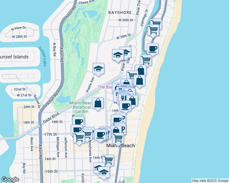 map of restaurants, bars, coffee shops, grocery stores, and more near 430 21st Street in Miami Beach