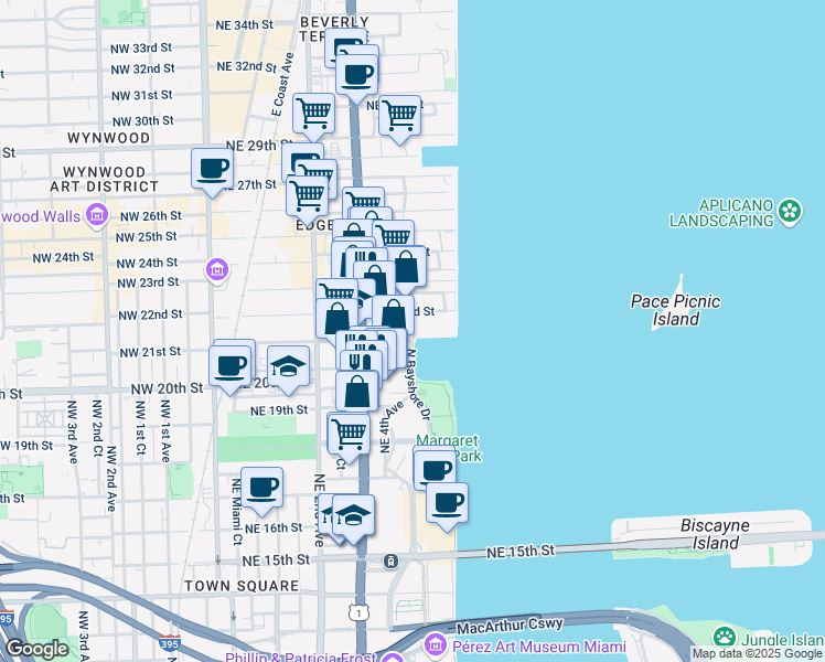 map of restaurants, bars, coffee shops, grocery stores, and more near 2066 North Bayshore Drive in Miami