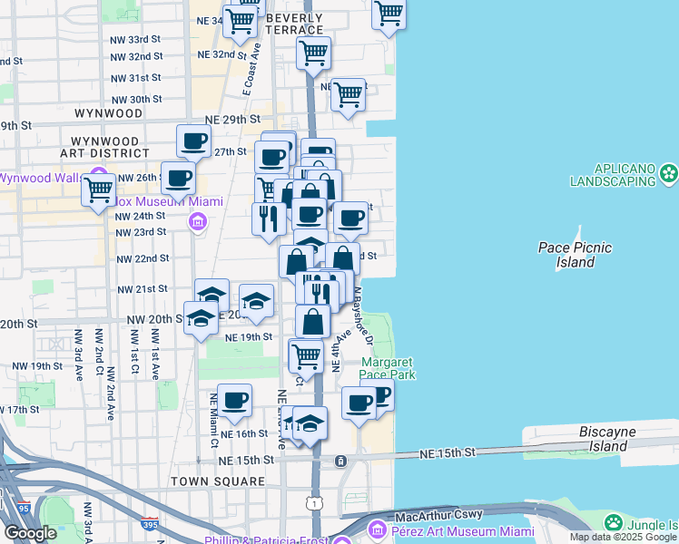 map of restaurants, bars, coffee shops, grocery stores, and more near 2075 Biscayne Boulevard in Miami