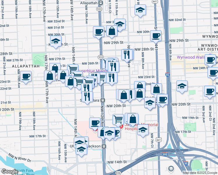 map of restaurants, bars, coffee shops, grocery stores, and more near 1160 Northwest 21st Terrace in Miami