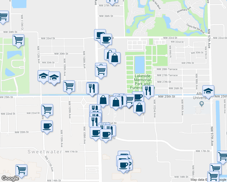 map of restaurants, bars, coffee shops, grocery stores, and more near 10490 Northwest 26th Street in Doral