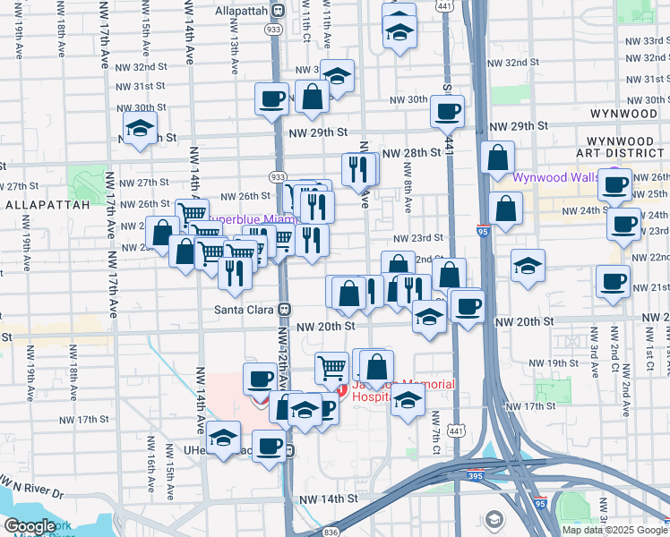map of restaurants, bars, coffee shops, grocery stores, and more near 1058 Northwest 21st Terrace in Miami