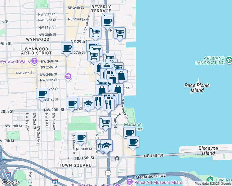 map of restaurants, bars, coffee shops, grocery stores, and more near 2075 Biscayne Boulevard in Miami