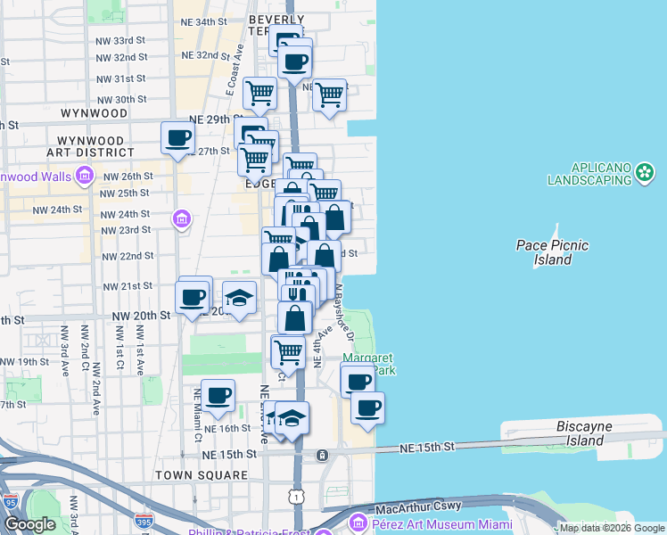 map of restaurants, bars, coffee shops, grocery stores, and more near 2150 North Bayshore Drive in Miami