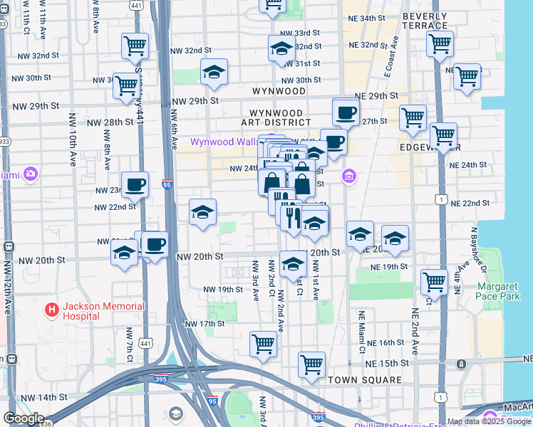 map of restaurants, bars, coffee shops, grocery stores, and more near 2121 Northwest 2nd Avenue in Miami