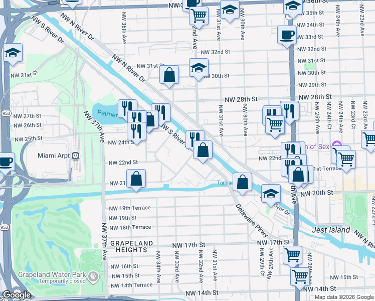 map of restaurants, bars, coffee shops, grocery stores, and more near 3290 Northwest South River Drive in Miami