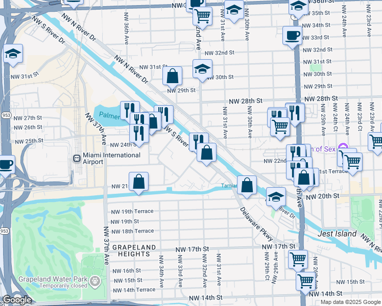 map of restaurants, bars, coffee shops, grocery stores, and more near 3290 Northwest South River Drive in Miami