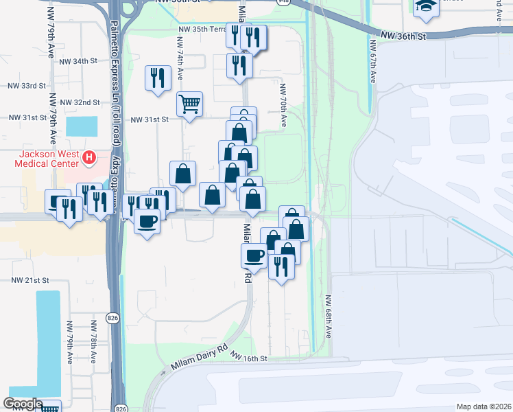 map of restaurants, bars, coffee shops, grocery stores, and more near 2491 Milam Dairy Road in Miami