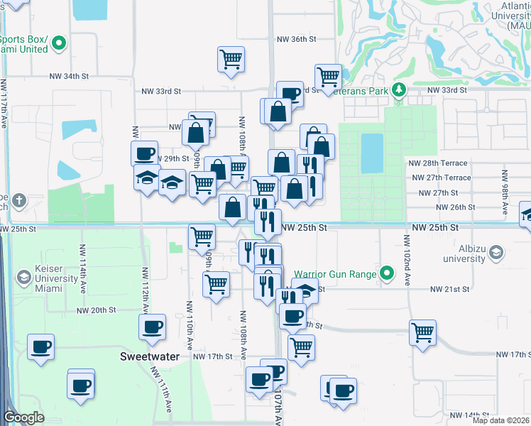 map of restaurants, bars, coffee shops, grocery stores, and more near 10750 Northwest 25th Street in Doral