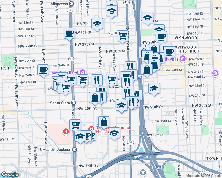 map of restaurants, bars, coffee shops, grocery stores, and more near 2136 Northwest 8th Avenue in Miami