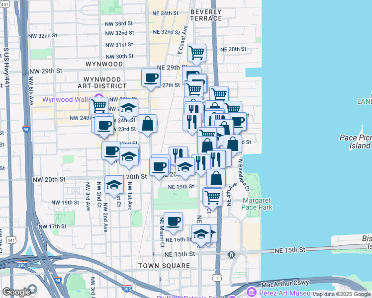 map of restaurants, bars, coffee shops, grocery stores, and more near 201 Northeast 21st Street in Miami