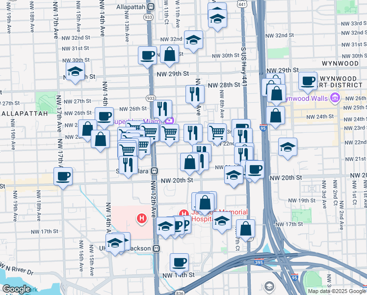 map of restaurants, bars, coffee shops, grocery stores, and more near 1058 Northwest 21st Terrace in Miami