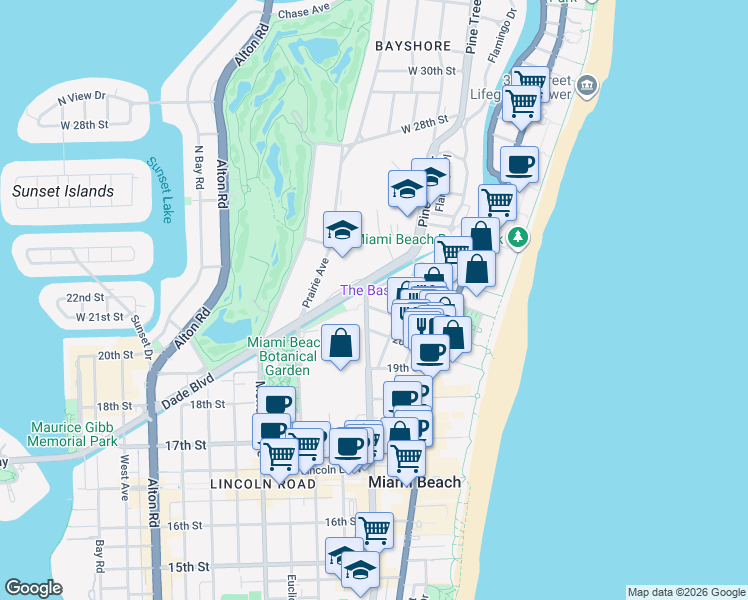 map of restaurants, bars, coffee shops, grocery stores, and more near 430 21st Street in Miami Beach