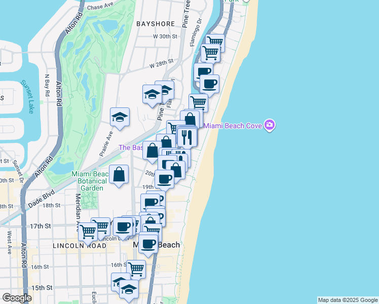 map of restaurants, bars, coffee shops, grocery stores, and more near 2201 Collins Avenue in Miami Beach