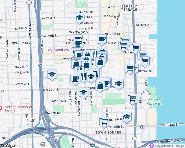 map of restaurants, bars, coffee shops, grocery stores, and more near 45 Northwest 21st Street in Miami