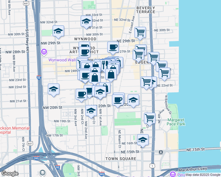 map of restaurants, bars, coffee shops, grocery stores, and more near 2150 North Miami Avenue in Miami