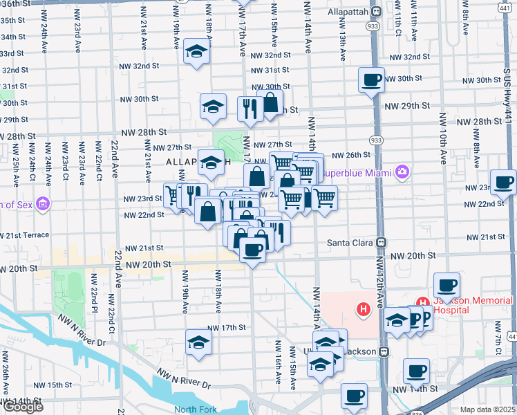 map of restaurants, bars, coffee shops, grocery stores, and more near 2301 Northwest 17th Avenue in Miami