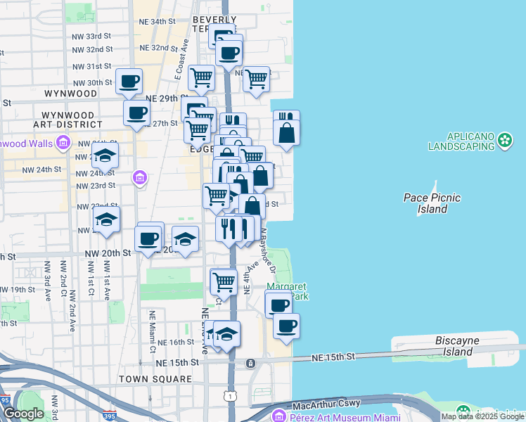 map of restaurants, bars, coffee shops, grocery stores, and more near 559 Northeast 22nd Street in Miami