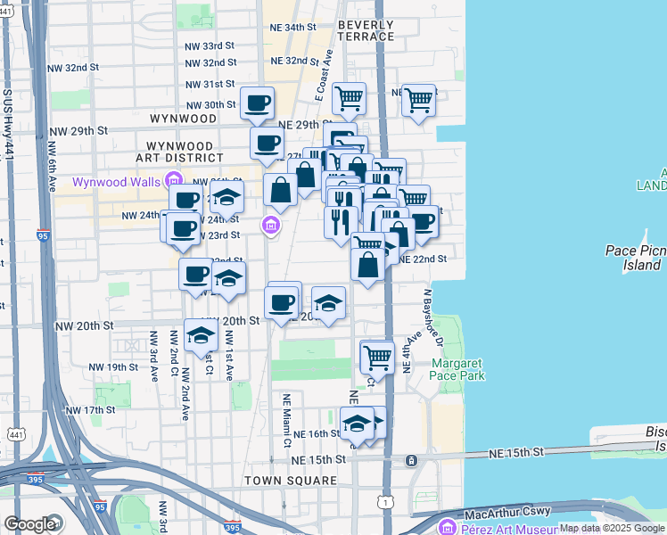 map of restaurants, bars, coffee shops, grocery stores, and more near 2304 Northeast 2nd Avenue in Miami