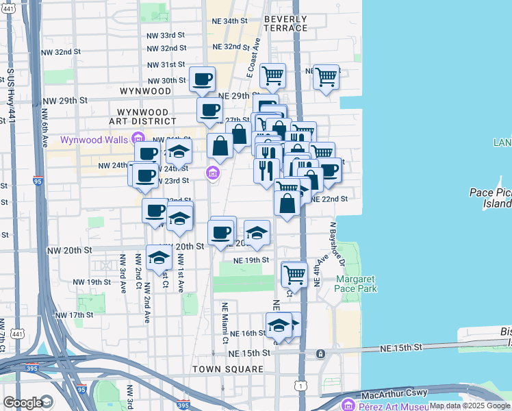 map of restaurants, bars, coffee shops, grocery stores, and more near 2304 Northeast 2nd Avenue in Miami