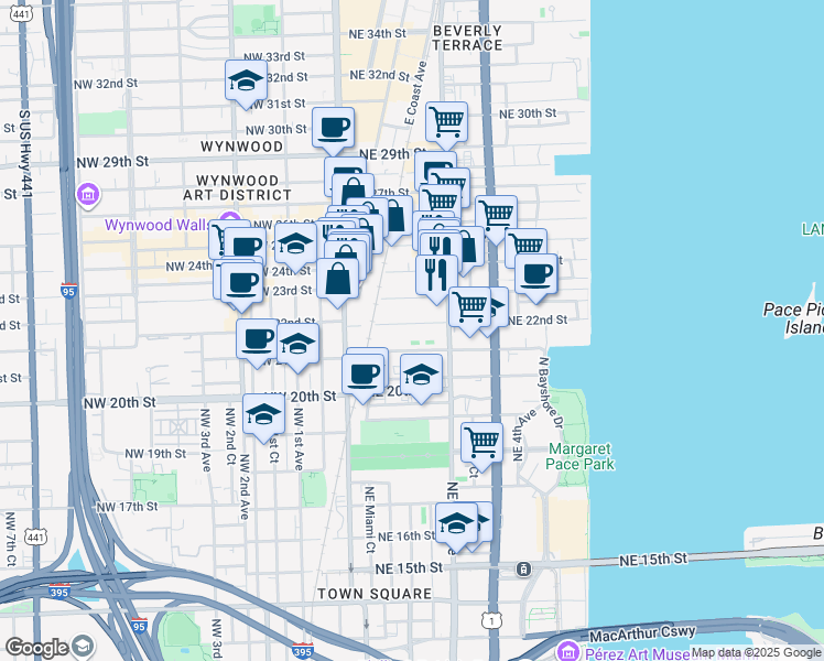 map of restaurants, bars, coffee shops, grocery stores, and more near 100 Northeast 23rd Street in Miami