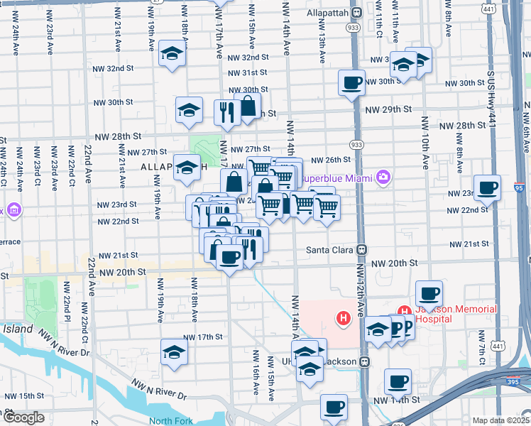 map of restaurants, bars, coffee shops, grocery stores, and more near 1495 Northwest 23rd Street in Miami