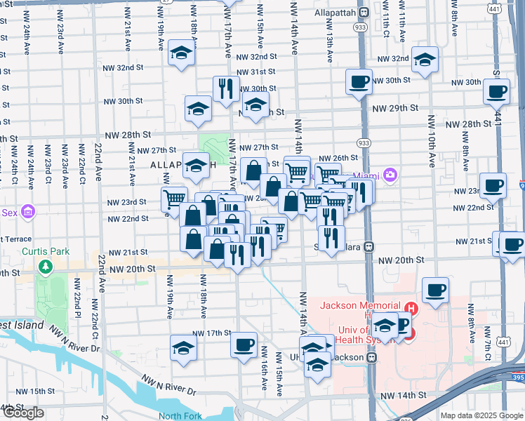 map of restaurants, bars, coffee shops, grocery stores, and more near 1495 Northwest 23rd Street in Miami