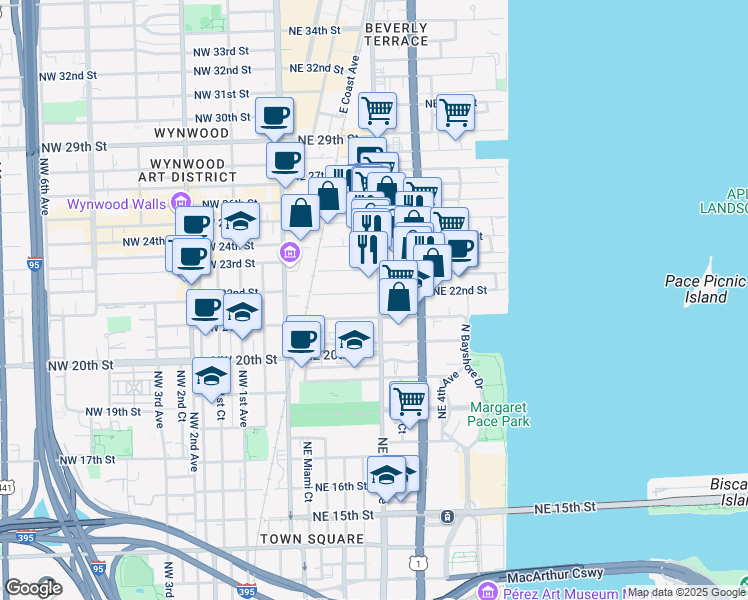 map of restaurants, bars, coffee shops, grocery stores, and more near 2304 Northeast 2nd Avenue in Miami