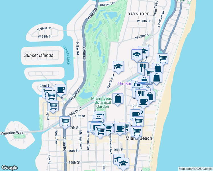 map of restaurants, bars, coffee shops, grocery stores, and more near 2094 Prairie Avenue in Miami Beach