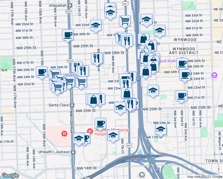 map of restaurants, bars, coffee shops, grocery stores, and more near 820 Northwest 23rd Street in Miami