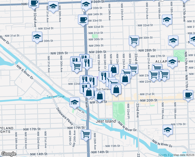 map of restaurants, bars, coffee shops, grocery stores, and more near 2308 Northwest 25th Avenue in Miami