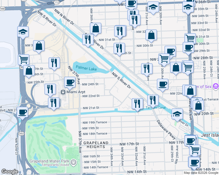 map of restaurants, bars, coffee shops, grocery stores, and more near 3486 Northwest 25th Street in Miami