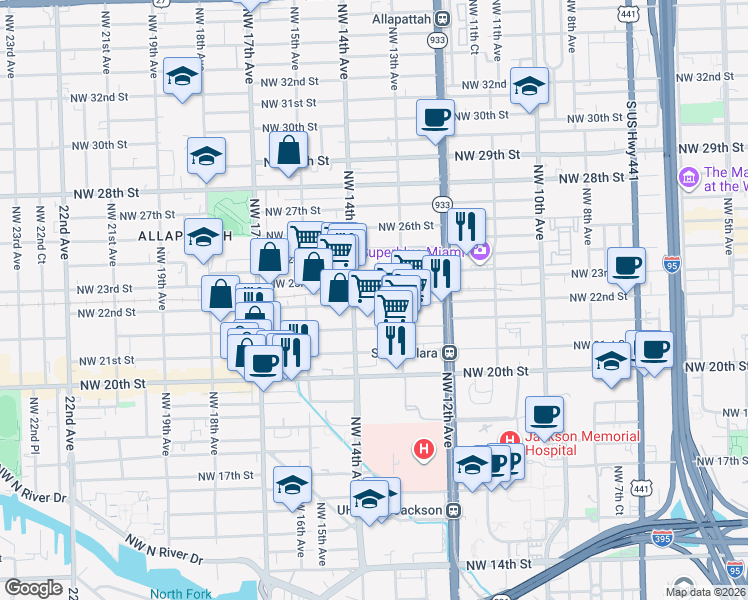 map of restaurants, bars, coffee shops, grocery stores, and more near 1360 Northwest 23rd Street in Miami