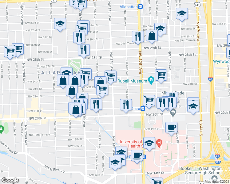 map of restaurants, bars, coffee shops, grocery stores, and more near 1360 Northwest 23rd Street in Miami